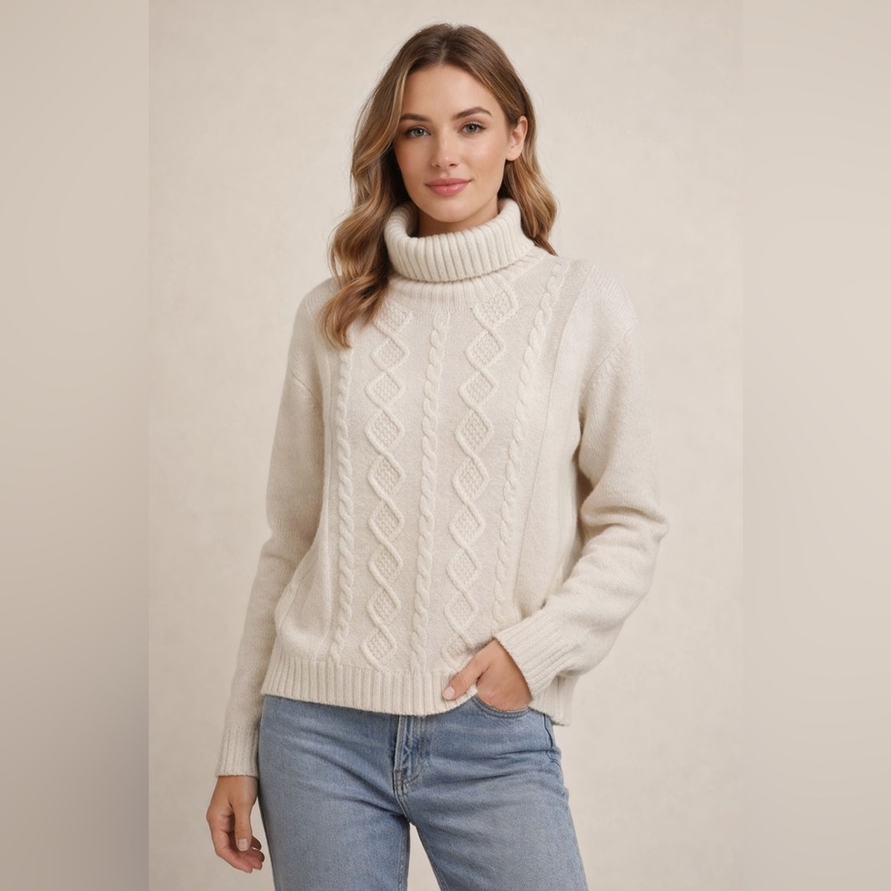 Carraig Donn Cableknit Fisherman Turtleneck Wool Sweater Women L Ivory
